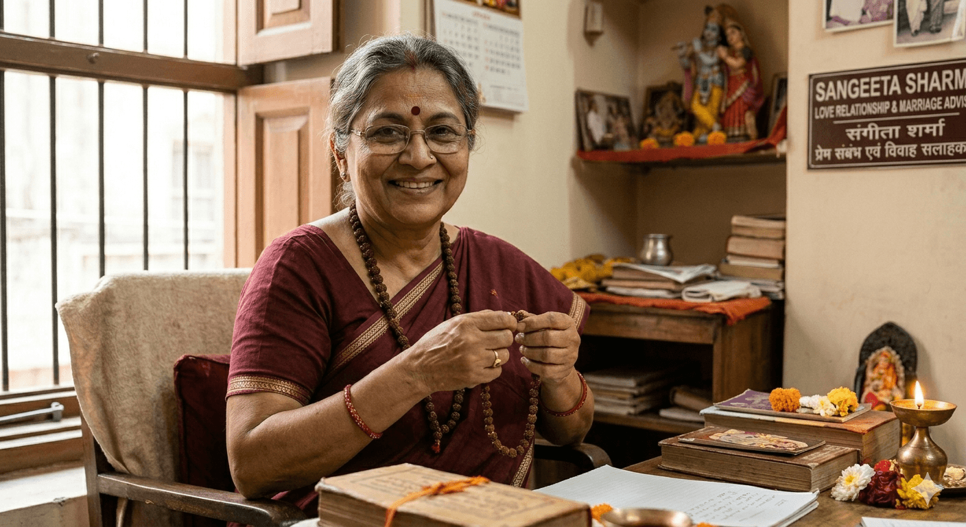 Pandita Kavita Rao at her desk with chart books, lamp, and prayer beads