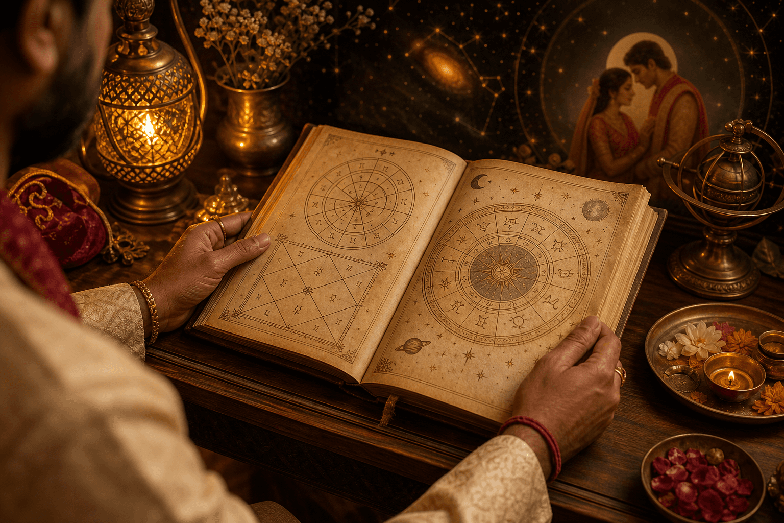 Astrologer with a chart book in warm lamplight